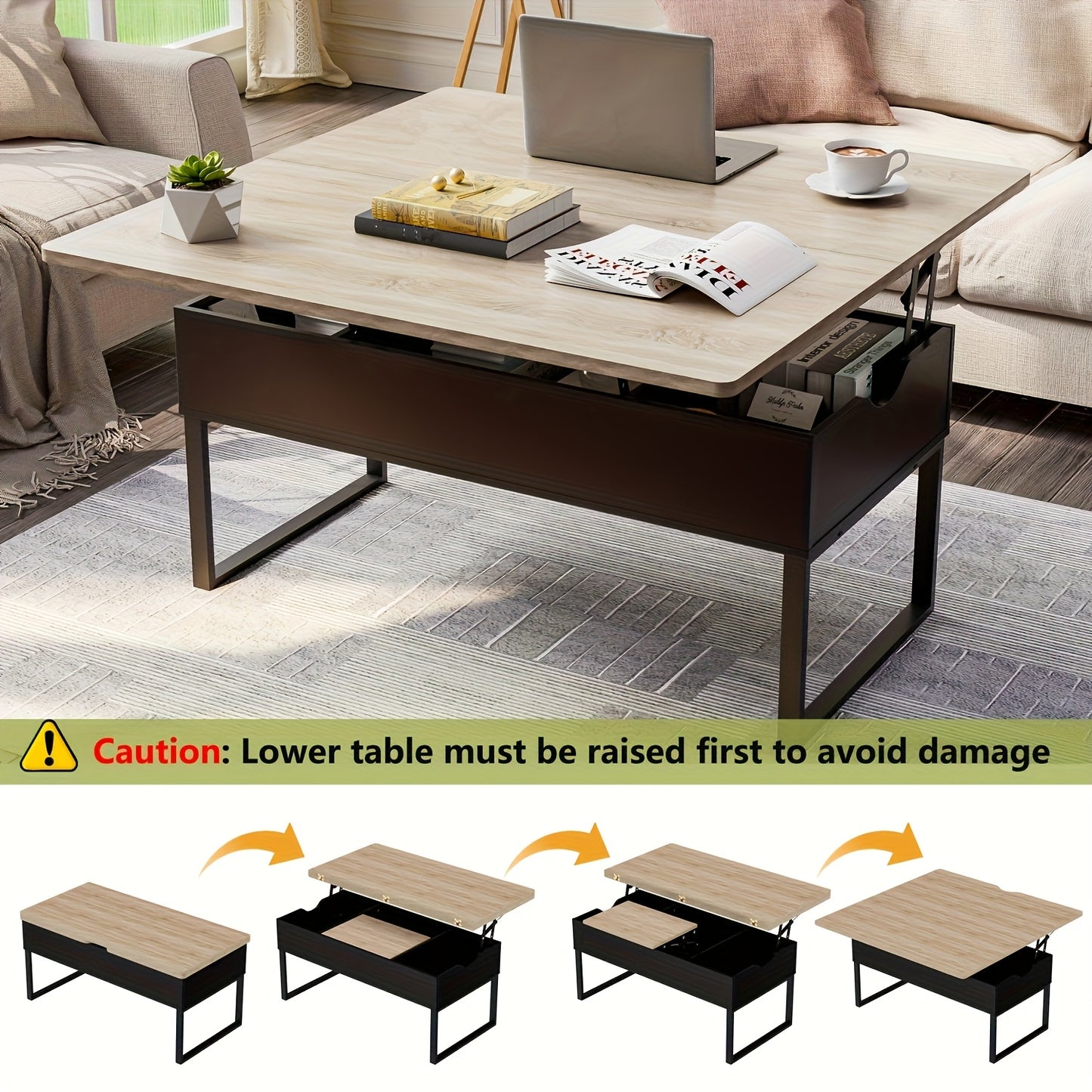 Salontafel – Koffietafel – Bijzettafel – Woonkamertafel – Eettafel – Verstelbaar Lift-Top – Ruime Opbergruimte – Compact 100x50/100x100 cm – MDF Houtbruin