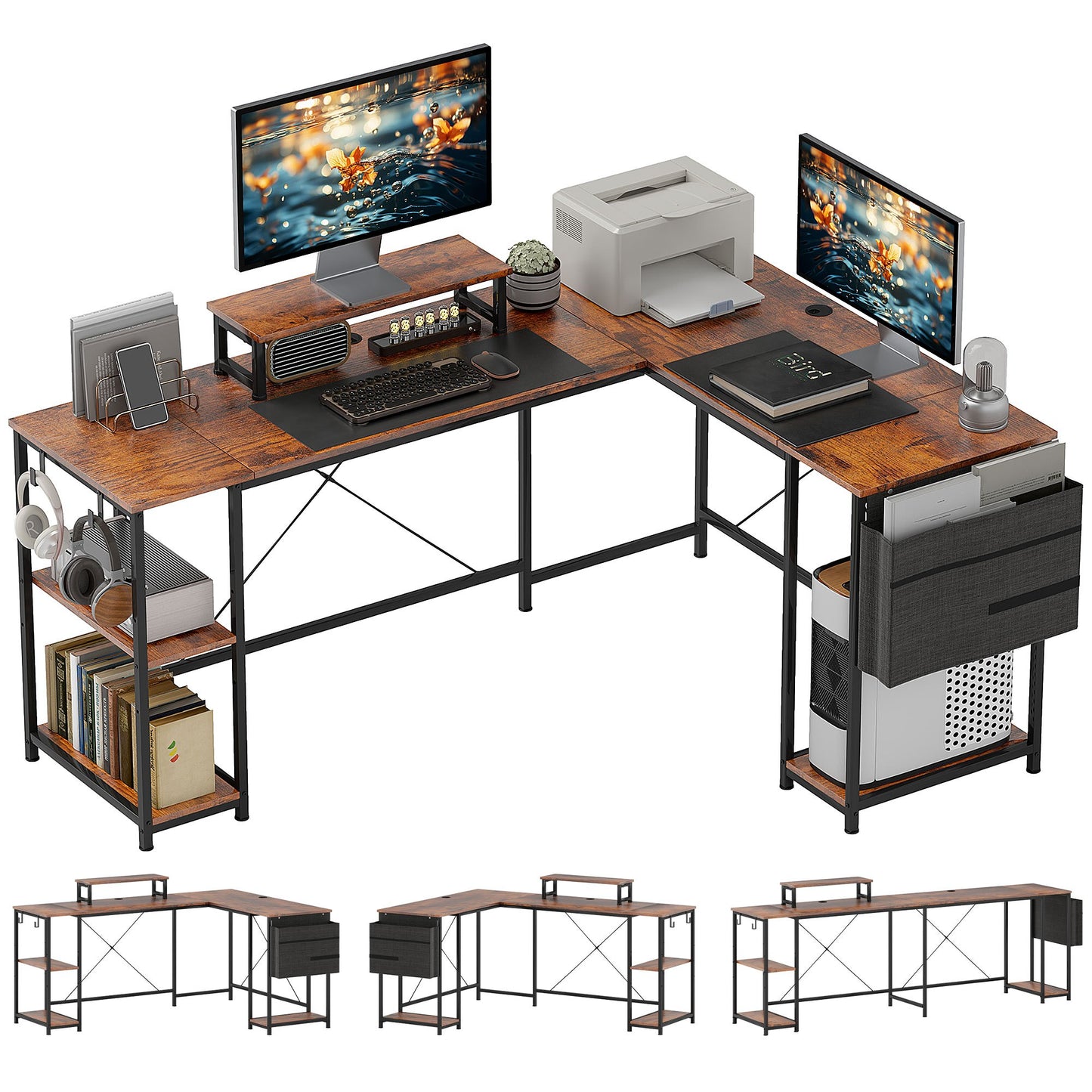 Gamingbureau – Bureau – Computertafel – Werkplekmeubel – Hoekbureau – Rustic-Brown – Ergonomische Monitorstandaard – Verstelbare Hoekopstelling 168 of 240 cm