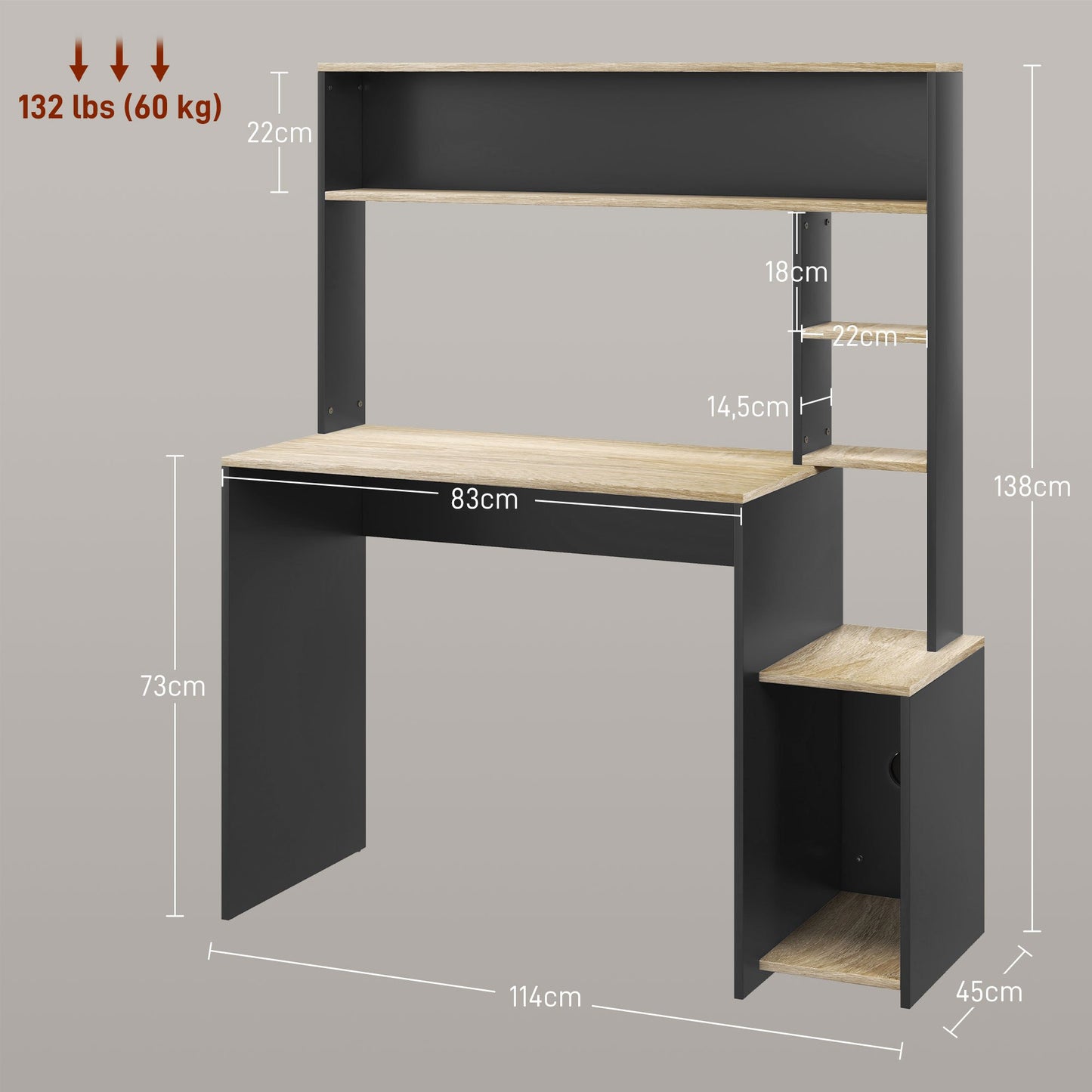 Bureau – Computertafel – Werktafel – Schrijftafel – Bureau met Opbergruimte – Compact Ontwerp – Stevig Metaal en Hout – Grijs – 114x45x138 cm – Speciaal CPU Vak