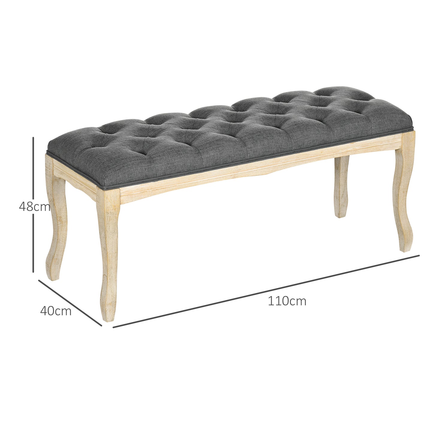 Upholstered Banquette – Zitbank – Poef – Bedbank – Bankje – Linnen Bekleding – Gegraveerde Hevea Houten Basis – 110 Cm – Comfortabel
