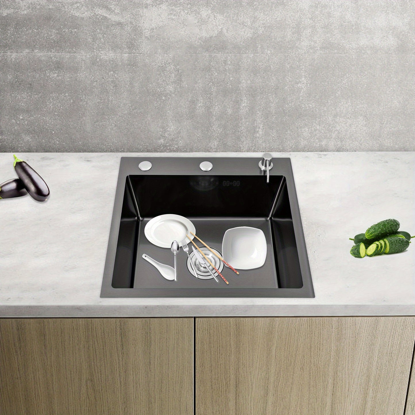 Keukenspoelbak – Spoelbak – Keukensink – Wasbak – Vaatwasbak – Zwart RVS – Royale Binnenmaat 46x35,5 cm – Opbouw Onderbouw Vlakbouw – Met Zeepdispenser en Compleet Accessoiresset