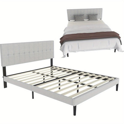 Bedframe – Bed – Eenpersoonsbed – Tweepersoonsbed – Slaapbank – Lichtgrijs Linnen Bekleding – Gepolsterd Hoofdeinde – Robuuste Houten Constructie 160x200 cm