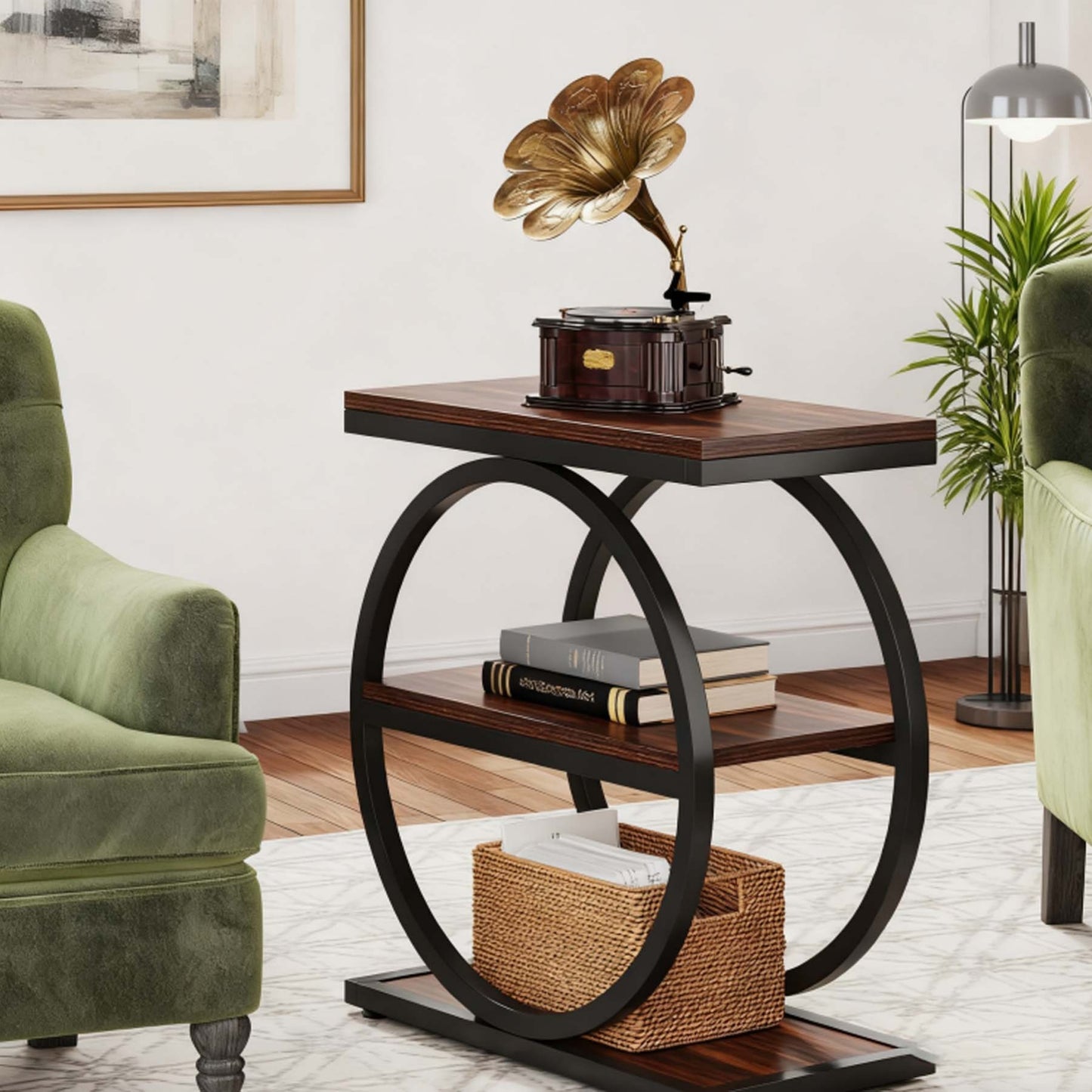 Wood Side Table with Black Metal Frames, Narrow End Table with 3 Storage Shelves, Industrial Small Sofa Side Table for Living Room, Slim Nightstand and Bedside Table for Reception Room, Christmas Holiday Decor, Versatile Acce