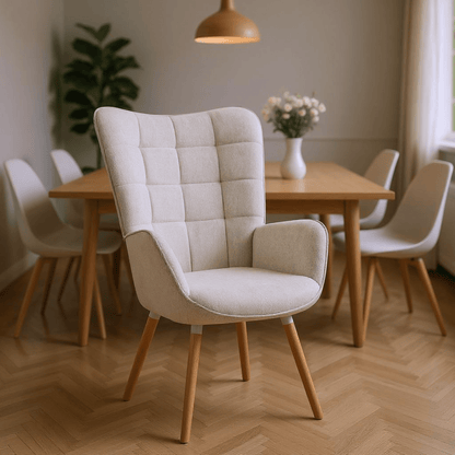 Eetkamerstoel – Armstoel – Fauteuil – Stoel Met Armleuningen – Beige – Hoogwaardige Quilted Stof – Stevige Houten Poten