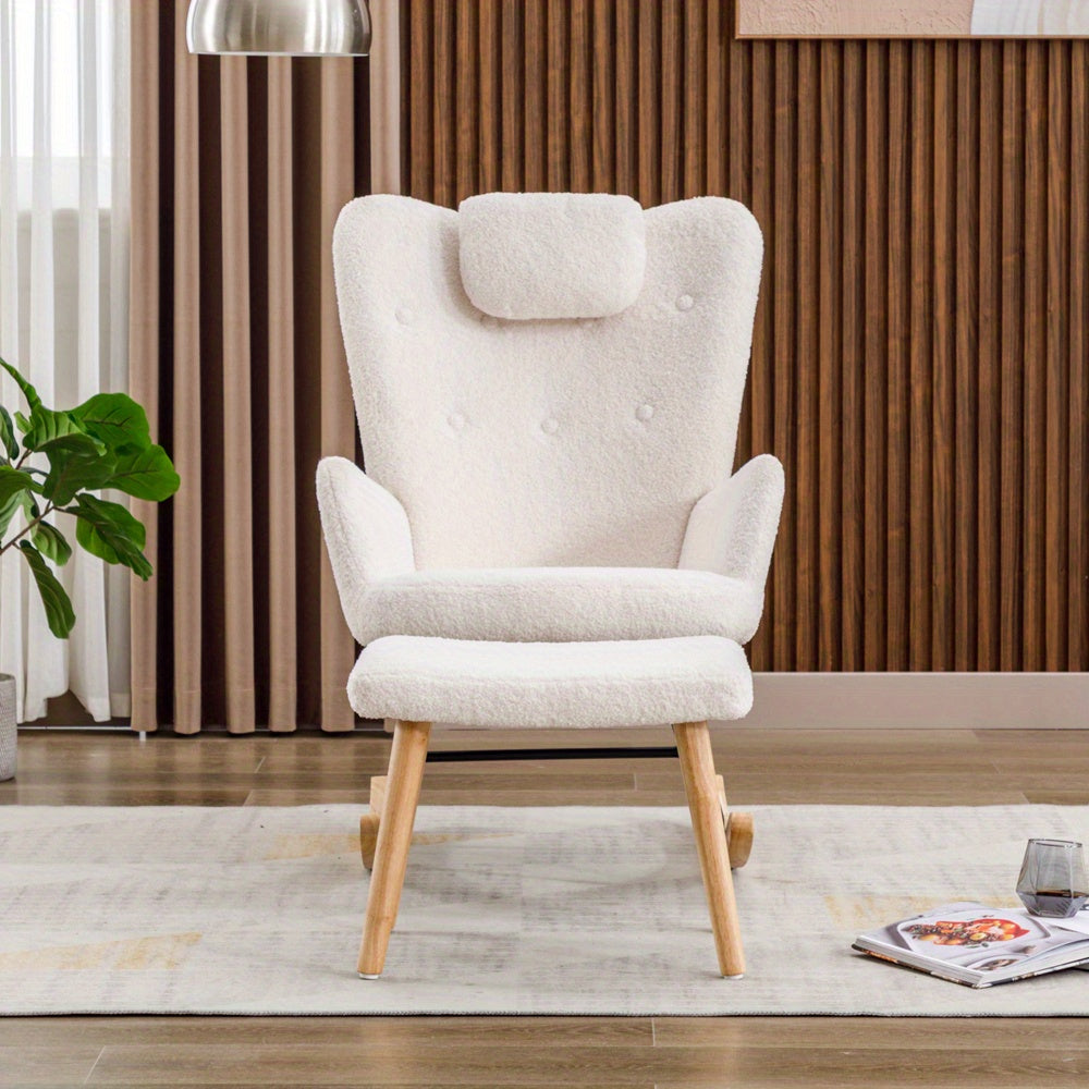 Schommelstoel – Rocking Chair – Relaxstoel – Schommelzetel – Witte Schommelstoel – Teddy Pluche Bekleding – Inclusief Hoofd- en Voetensteun