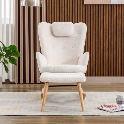 Schommelstoel – Rocking Chair – Relaxstoel – Schommelzetel – Witte Schommelstoel – Teddy Pluche Bekleding – Inclusief Hoofd- en Voetensteun