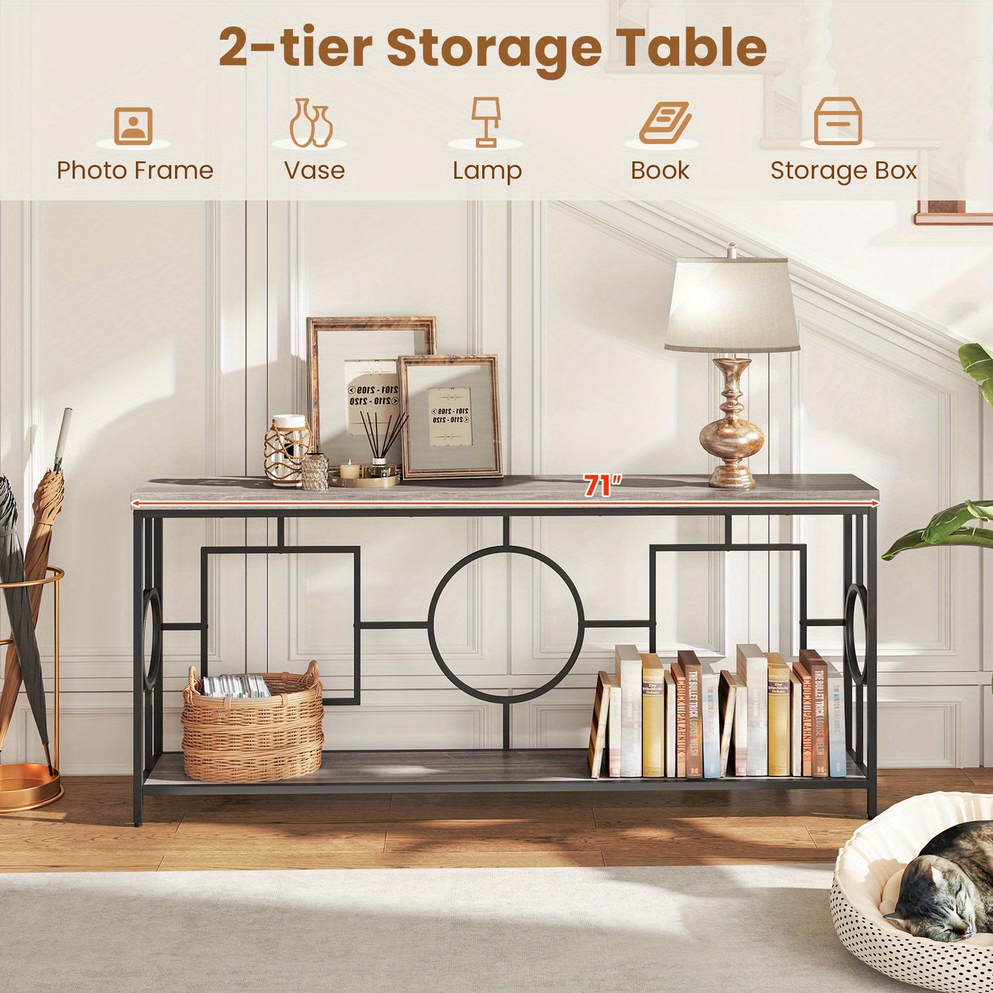 Sidetable – Consoletafel – Wandtafel – Haltafel – Bijzettafel – Industrieel Design – Tweelaags Kunstmarmeren Blad – Stevig Metalen Frame 152,4x30,48x76,2 cm