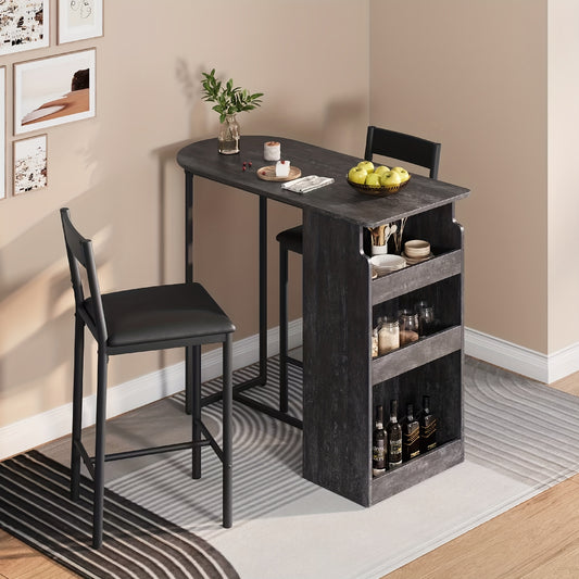Barset voor Twee – Barkrukken – Barmeubel – Bartafel – Barkeuken – Compacte Opbergrekken – Stevig Hout en Metaal – Ruimtebesparend Design – Grijs