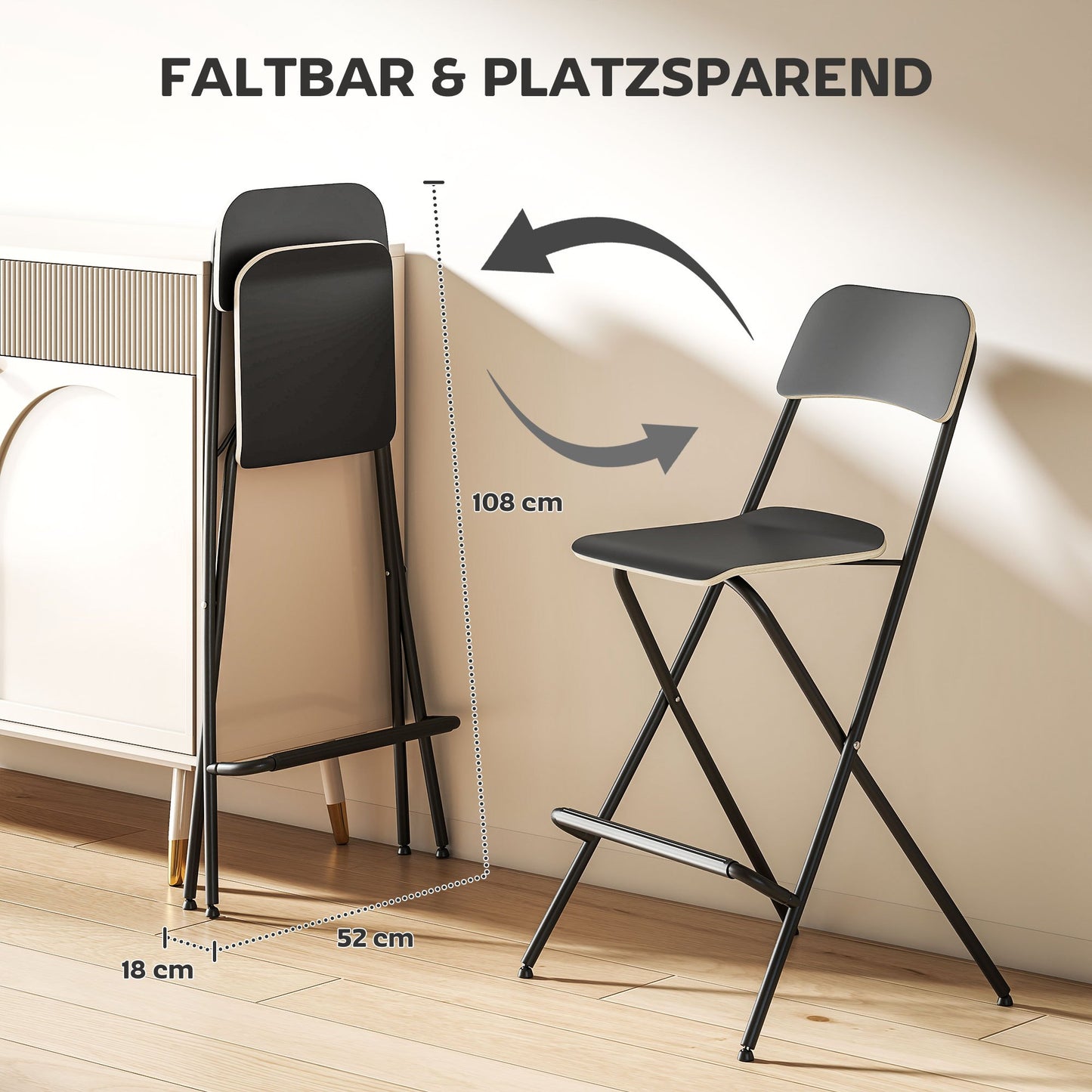 Barkrukken – Barstoelen – Barkruk – Keukenstoelen – Opvouwbare Barkrukken – Stalen Frame – Zithoogte 63 cm – Set van 2 – Zwart