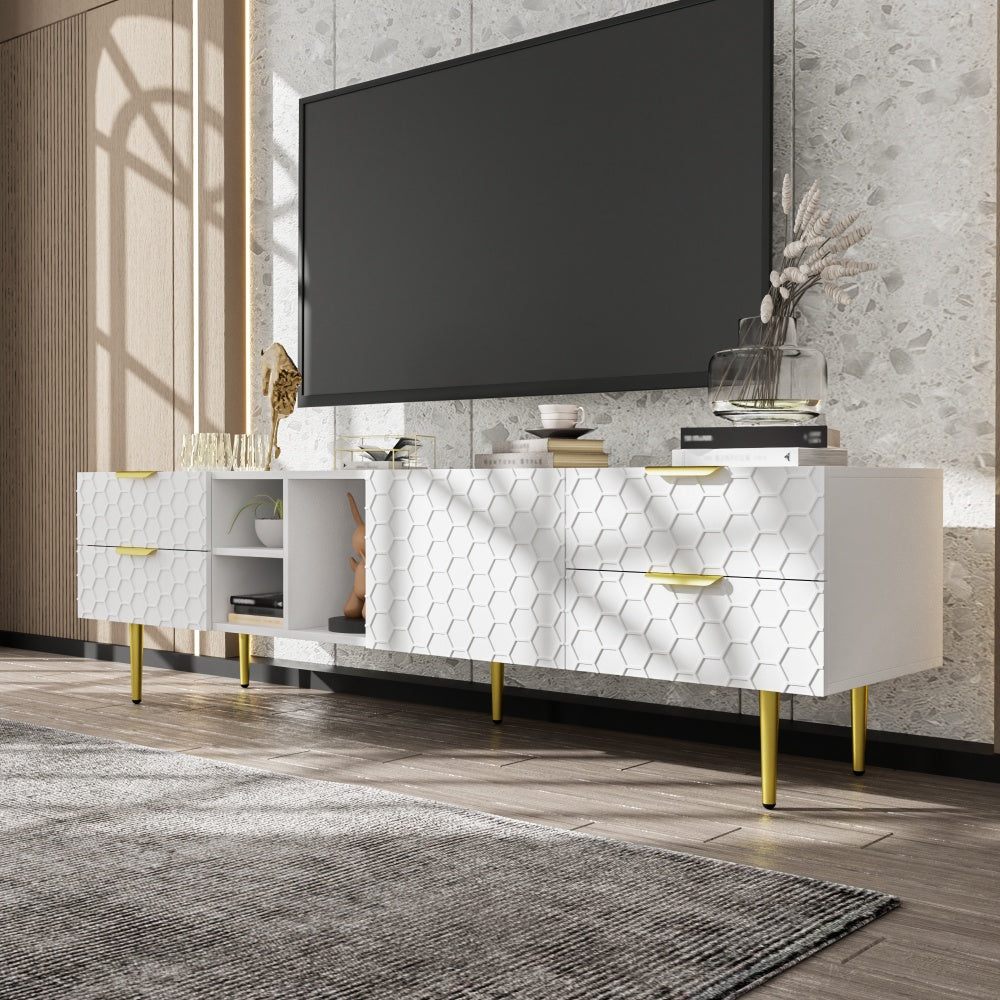 Tv-meubel – Tv-kast – Media Meubel – Entertainment unit – Woonkamermöbel – Wit met Gouden Accenten – Duurzaam Niet-houten Materiaal – Laag Profiel met Veel Opbergruimte