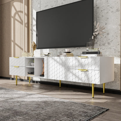 Tv-meubel – Tv-kast – Media Meubel – Entertainment unit – Woonkamermöbel – Wit met Gouden Accenten – Duurzaam Niet-houten Materiaal – Laag Profiel met Veel Opbergruimte