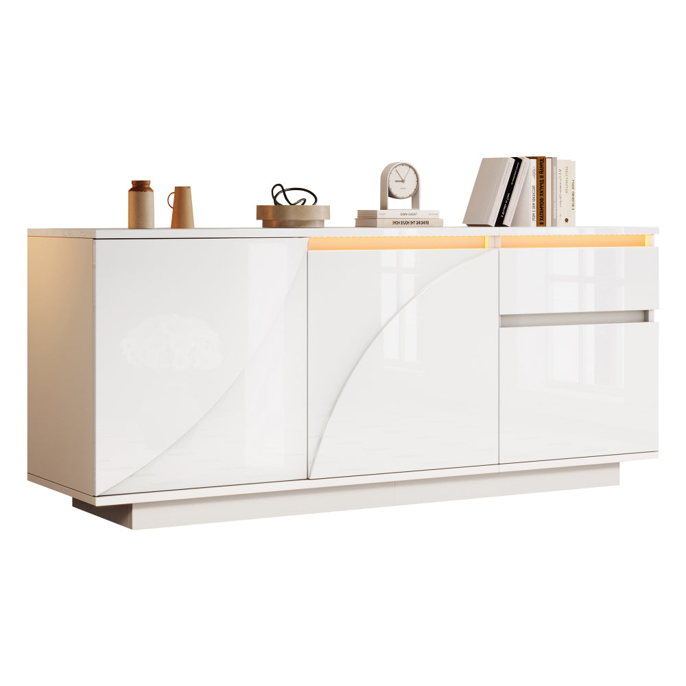 Modern White MDF Sideboard with 3 Doors & 1 Drawer - High-Gloss Contemporary Storage Cabinet with Adjustable Shelves, Golden-Toned Hardware, Space-Saving Design for Living Room, Dining Room, Entryway - Durable Metal Frame & M