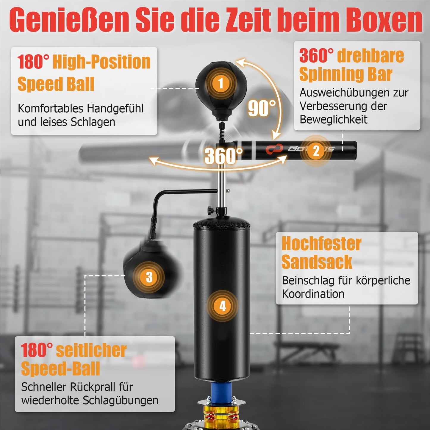 Bokszak – Staande Bokszak – Boksbal – Bokspaal – Kickboks Zak – Verstelbaar 168-201 cm – 360° Reflexstok met 2 Speedballs