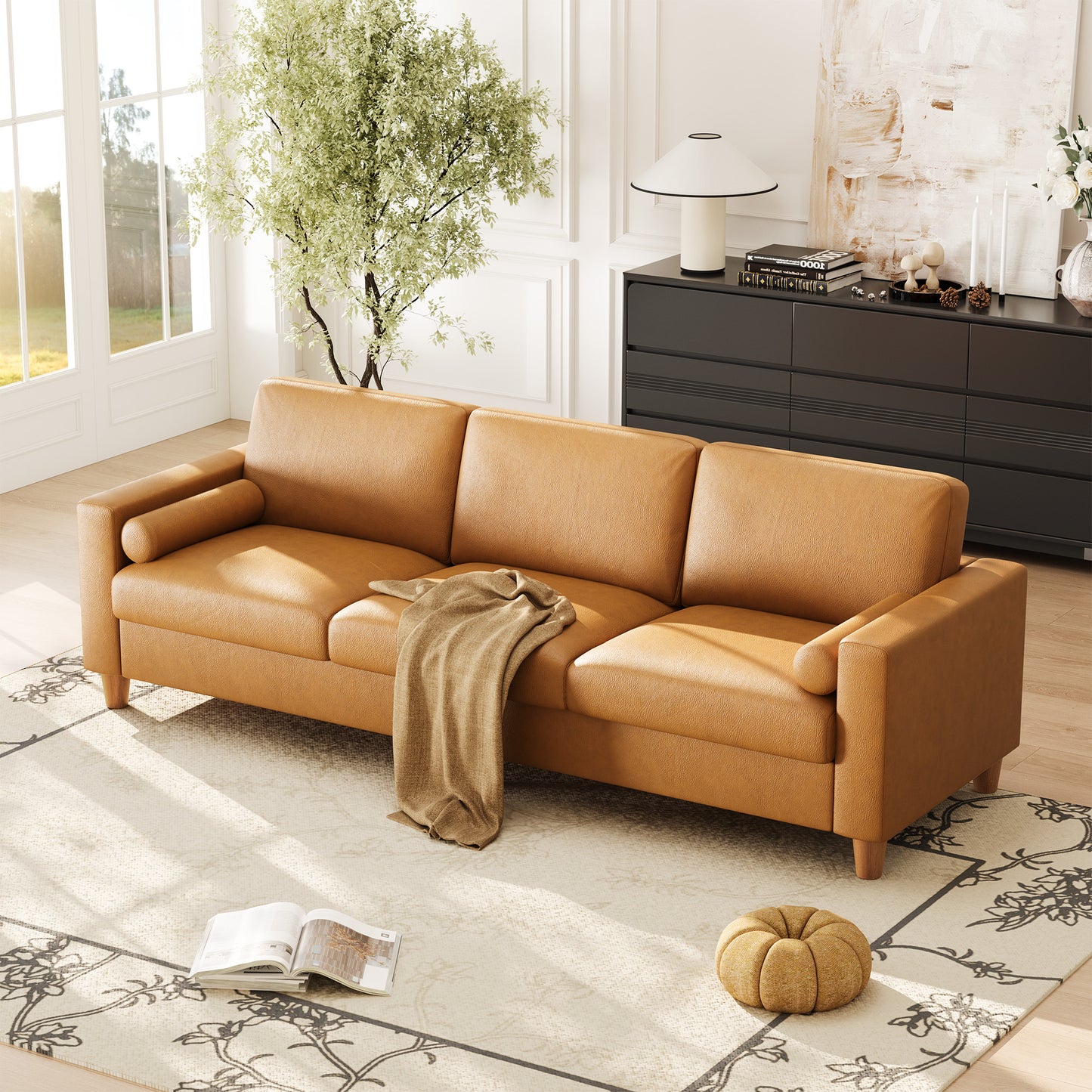 Modern 3-Seater Sofa Couch with Thick PU Leather Cushions & Pillows - -Assembly Wide, Sturdy Frame Suitable for Living Room, Bedroom, Office - Spacious Contemporary Sofa for Families & for While Back (Assembly Required)