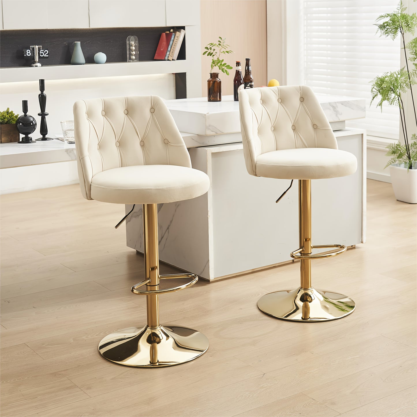 Barkrukken – Barstoelen – Keukenkrukken – Barkruk Set – Hoge Stoelen Beige – Verstelbare Zithoogte – Comfortabele Rugleuning en Voetensteun