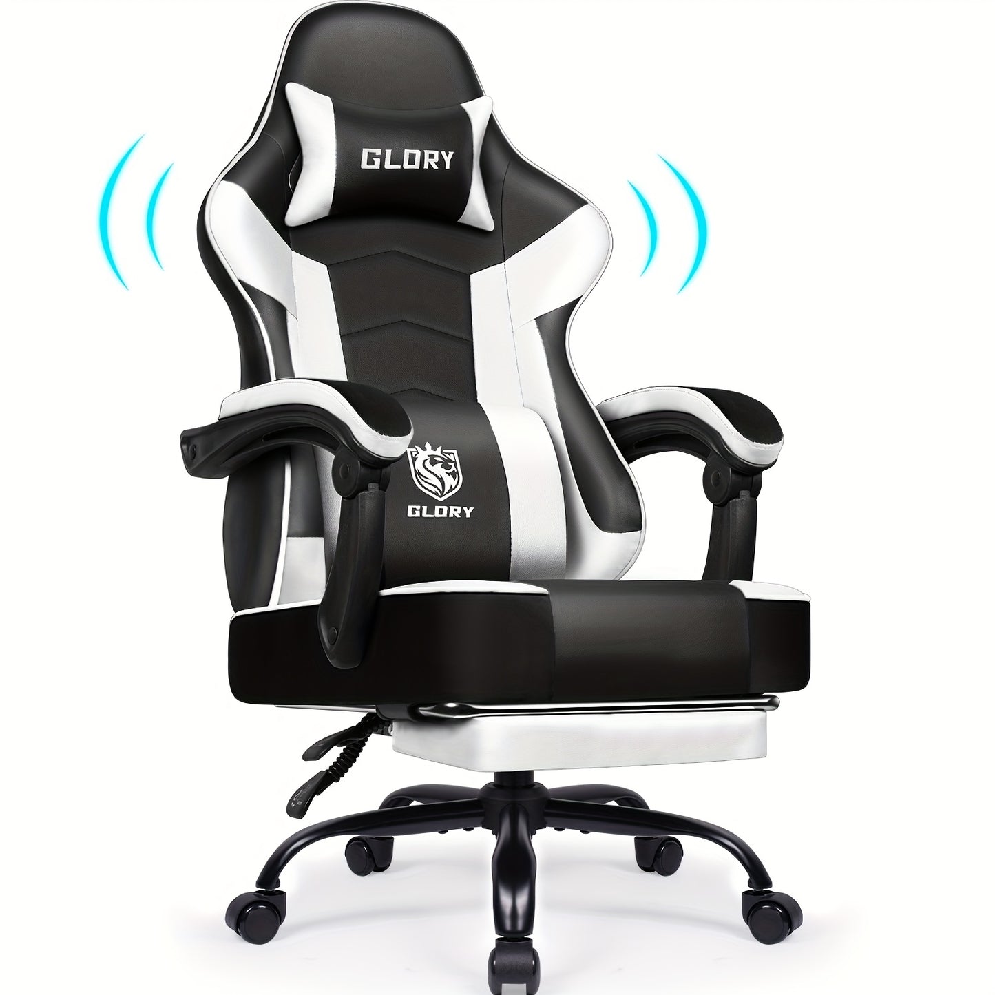 Gronfont Gaming Chair with Footrest, Ergonomic Gaming Chair with Adjustable Lumbar Cushion, Headrest Cushion, Height-Adjustable And Swivelling, PC Chair, Gaming Armchair 150kg, Black, Perfect Christmas Gift for Gamers & Home