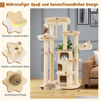 Krabpaal Kat – Klimpaal Kattenmeubel – Krabboom Kattenhuis – Kattenboom Met Hol – Beige Kattenmeubel – 173 Cm Hoog – Stevig Massief Hout Met Sisal