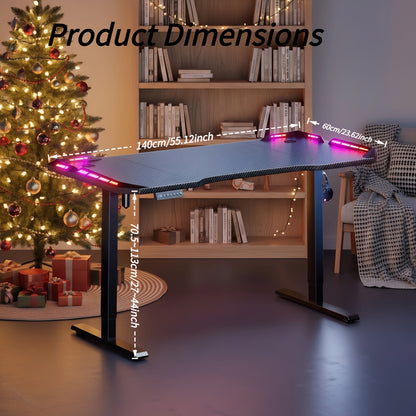 Elektrisch Verstelbaar Zit-Sta Bureau – Zit-Sta Tafel – Bureau Verstelbaar – Gaming Bureau – Thuiswerk Bureau – Carbon Fiber Tafelblad – RGB LED Verlichting – XXL Antislip Muismat – Hoofdtelefoonhaak – Verstelbaar 71-113 cm