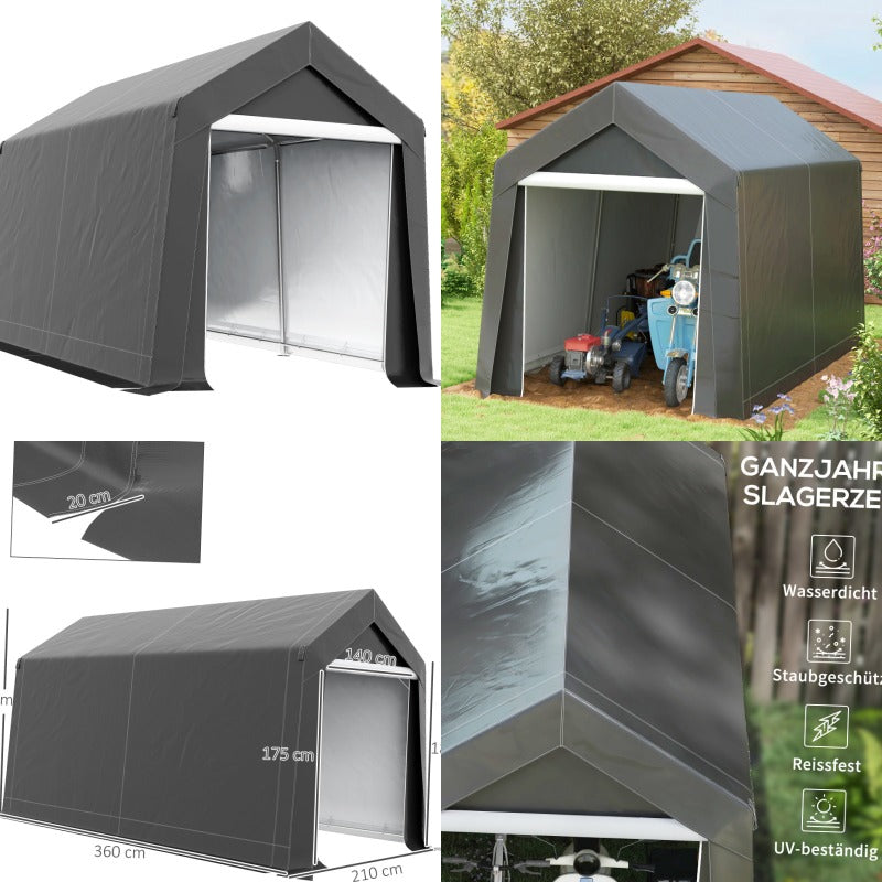 Garagetent – Opslagtent – Carport – Schuurtent – Garage Shelter – Waterafstotende Folie – Ritssluiting Deur – 2,1x3,6x2,35 m – Donkergrijs