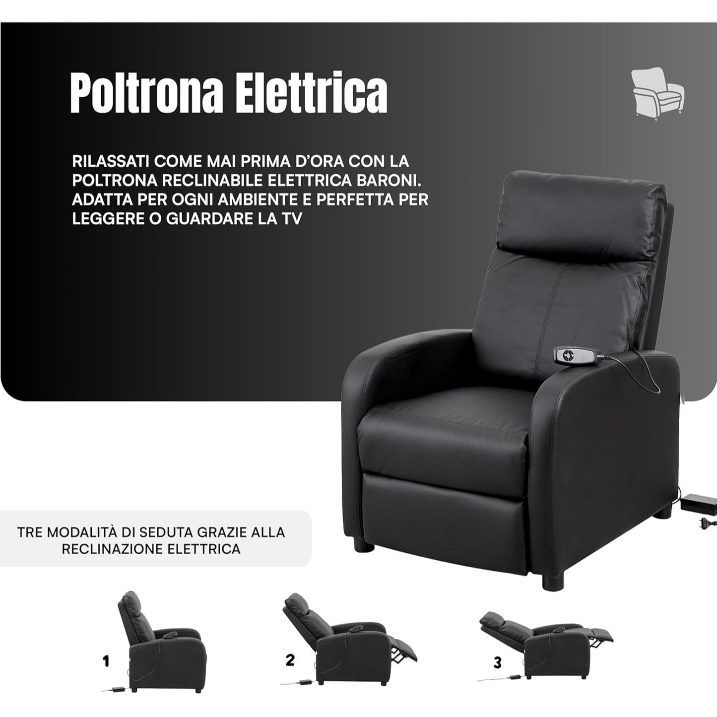 Relaxfauteuil – Relaxstoel – Elektrische Fauteuil – TV Stoel – Loungestoel – Elektrisch Verstelbaar – Met Voetsteun – Zwart Kunstleer – Compact 66x75x99 cm