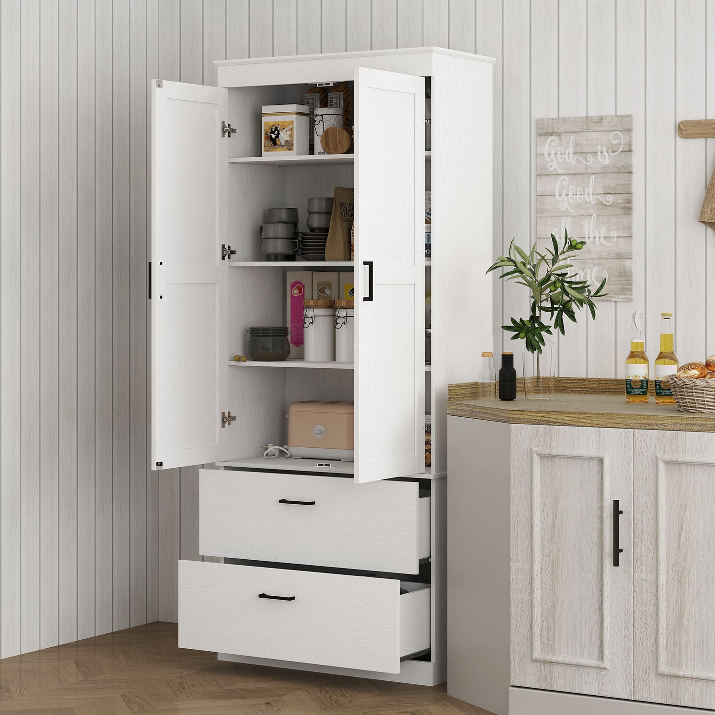 Keukenkast – Hoge Kast – Opbergkast – Buffetkast – Ladekast – Verstelbare Planken – Hout Crème Wit – 75x39x178 cm – Anti-Kantel Veilig