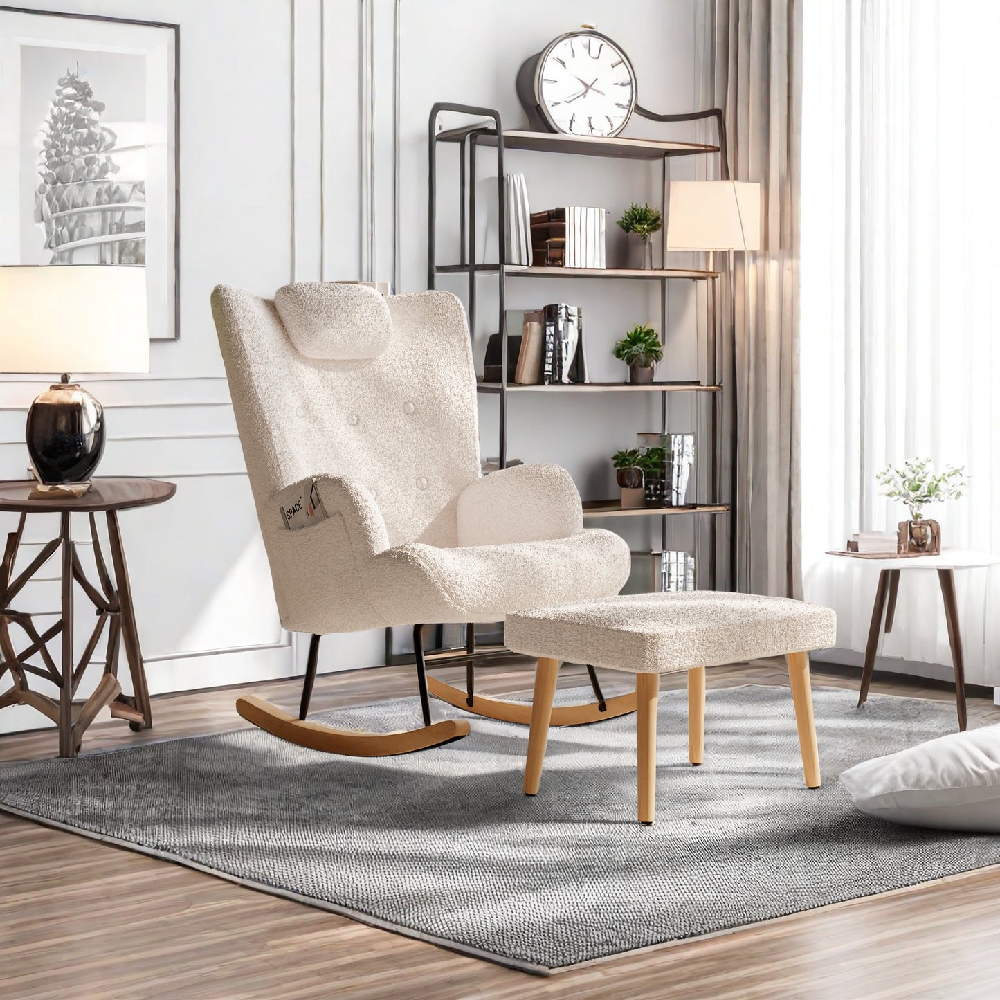 Fauteuil – Schommelstoel – Relaxstoel – Loungestoel – Zitstoel – Inclusief Voetenbank – Memory Foam Kussen – Houten Frame