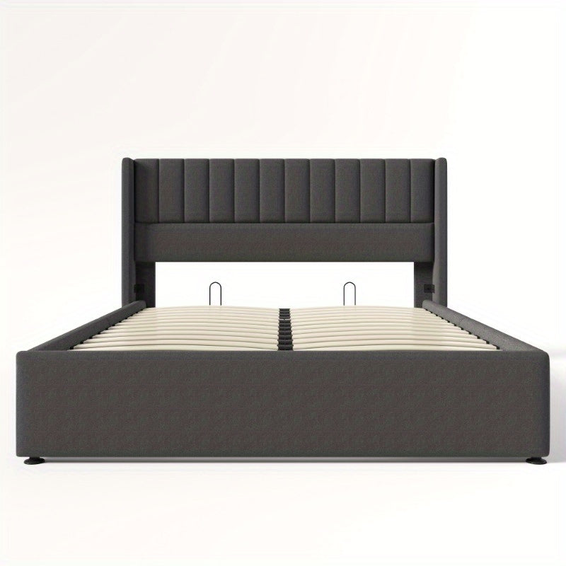 Tweepersoonsbed – 2-Persoonsbed – Bedframe – Bed – Slaapbed – Verstelbare Hoogte – Dubbele Laag Opbergruimte – 140x200 cm – Grijze Linnen Bekleding