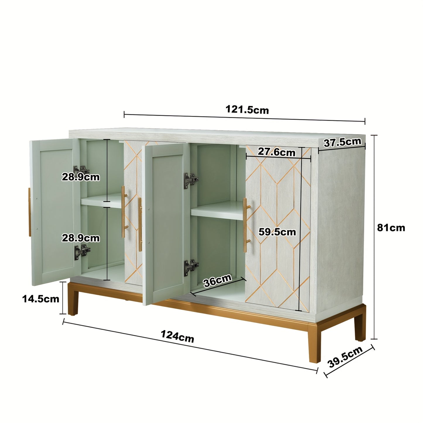 Kast – Opbergkast – Dressoir – Garderobekast – Vrijstaande Kast Groen – 4 Deuren – Verstelbare Planken – Gouden Accenten – Massief Hout & Vezelplaat