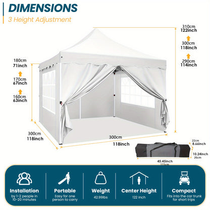 3.05x3.05meter Pop Up Awning With 4 Side Walls, Sun Protection Awning Tent, Thickened Frame, Easy Pop Up Awning For Large Space, Comes With Carrying Bag And Spare Parts, Outdoor Awning For Wedding, Beach, Party, Patio