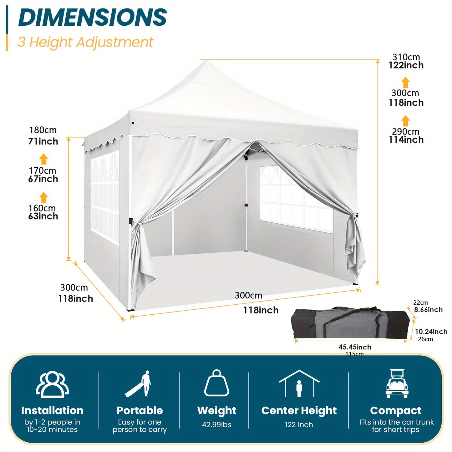 3.05x3.05meter Pop Up Awning With 4 Side Walls, Sun Protection Awning Tent, Thickened Frame, Easy Pop Up Awning For Large Space, Comes With Carrying Bag And Spare Parts, Outdoor Awning For Wedding, Beach, Party, Patio