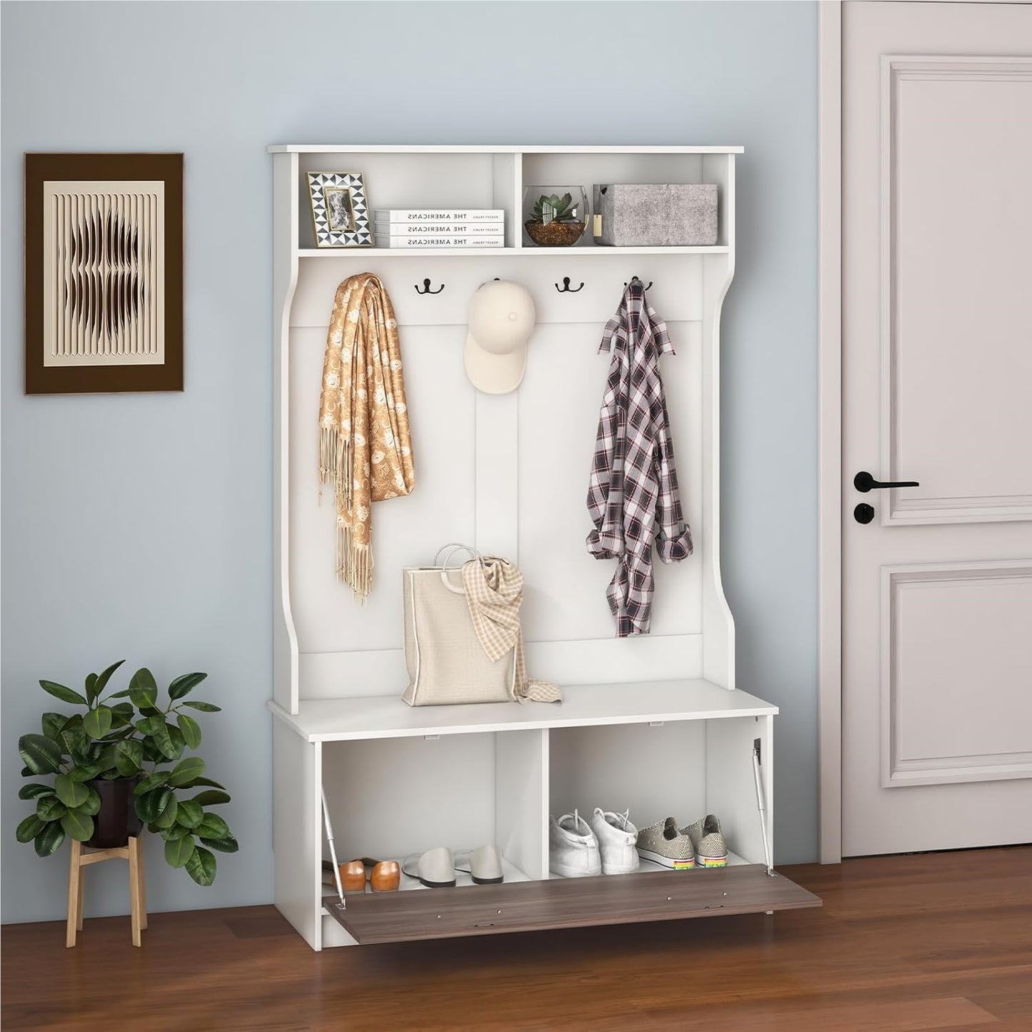 Kledingrek – Kapstok – Garderoberek – Schoenenkast – Gangmeubel – Met Zitbank – 5 Dubbele Haken – Wit Houten Meubel