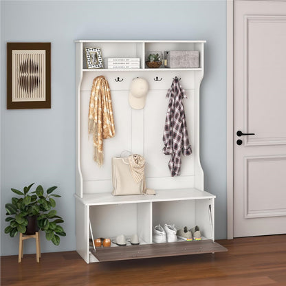 Kledingrek – Kapstok – Garderoberek – Schoenenkast – Gangmeubel – Met Zitbank – 5 Dubbele Haken – Wit Houten Meubel