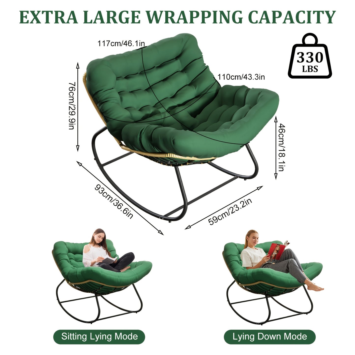 Relaxstoel – Schommelstoel – Fauteuil – Loungestoel – Ligstoel – Oversized Design – Versterkt Stalen Frame – Comfortabel Polyester Kussen - Groen