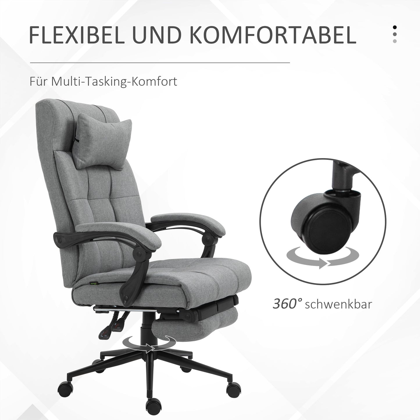 Bureaustoel – Draaistoel – Kantoorstoel – Gamestoel – Bureaustoel met armleuningen – Verstelbare zithoogte 47-55 cm – Kantelbare rugleuning 90°-155° – Met hoofdsteun en uittrekbare voetensteun – Lichtgrijs linnenstof en schuim