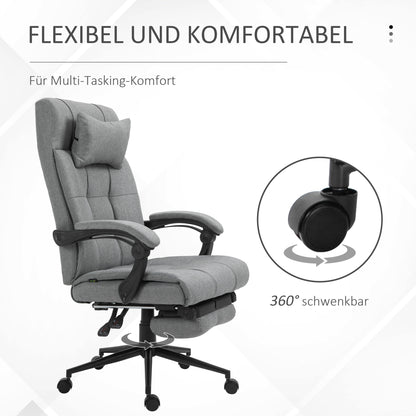 Bureaustoel – Draaistoel – Kantoorstoel – Gamestoel – Bureaustoel met armleuningen – Verstelbare zithoogte 47-55 cm – Kantelbare rugleuning 90°-155° – Met hoofdsteun en uittrekbare voetensteun – Lichtgrijs linnenstof en schuim