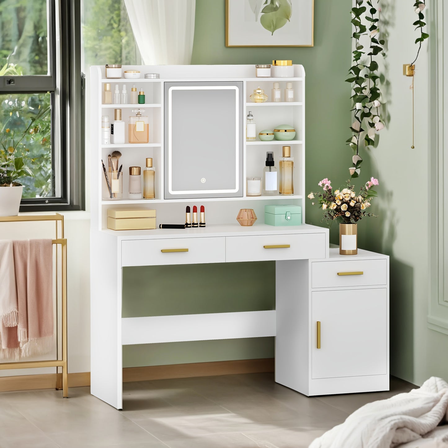 Kaptafel – Make-up Tafel – Cosmetica Tafel – Schoonheidstafel – Verzorgingstafel – Groot Tafelblad – 3 Lades en Kast – Open Planken – Witte MDF – 130x40x149 cm