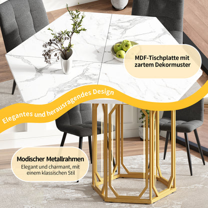 Eettafel Hexagonale Tafel Ontbijttafel Keukentafel Modern Design – Zeshoekige Marmerlook Tafelblad – Gouden Metalen Onderstel – Verstelbare Poten – Stevig & Onderhoudsvriendelijk – 110x95x75 cm