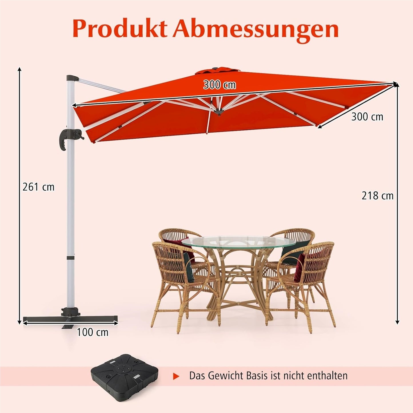 Rechthoekige Parasol – Terrasparasol – Tuinparasol – Marktparasol – Vlagparasol – 300 x 300 cm – 360° Draaibaar – Verstelbare Kantelfunctie – Rood