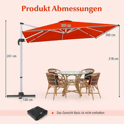 Rechthoekige Parasol – Terrasparasol – Tuinparasol – Marktparasol – Vlagparasol – 300 x 300 cm – 360° Draaibaar – Verstelbare Kantelfunctie – Rood
