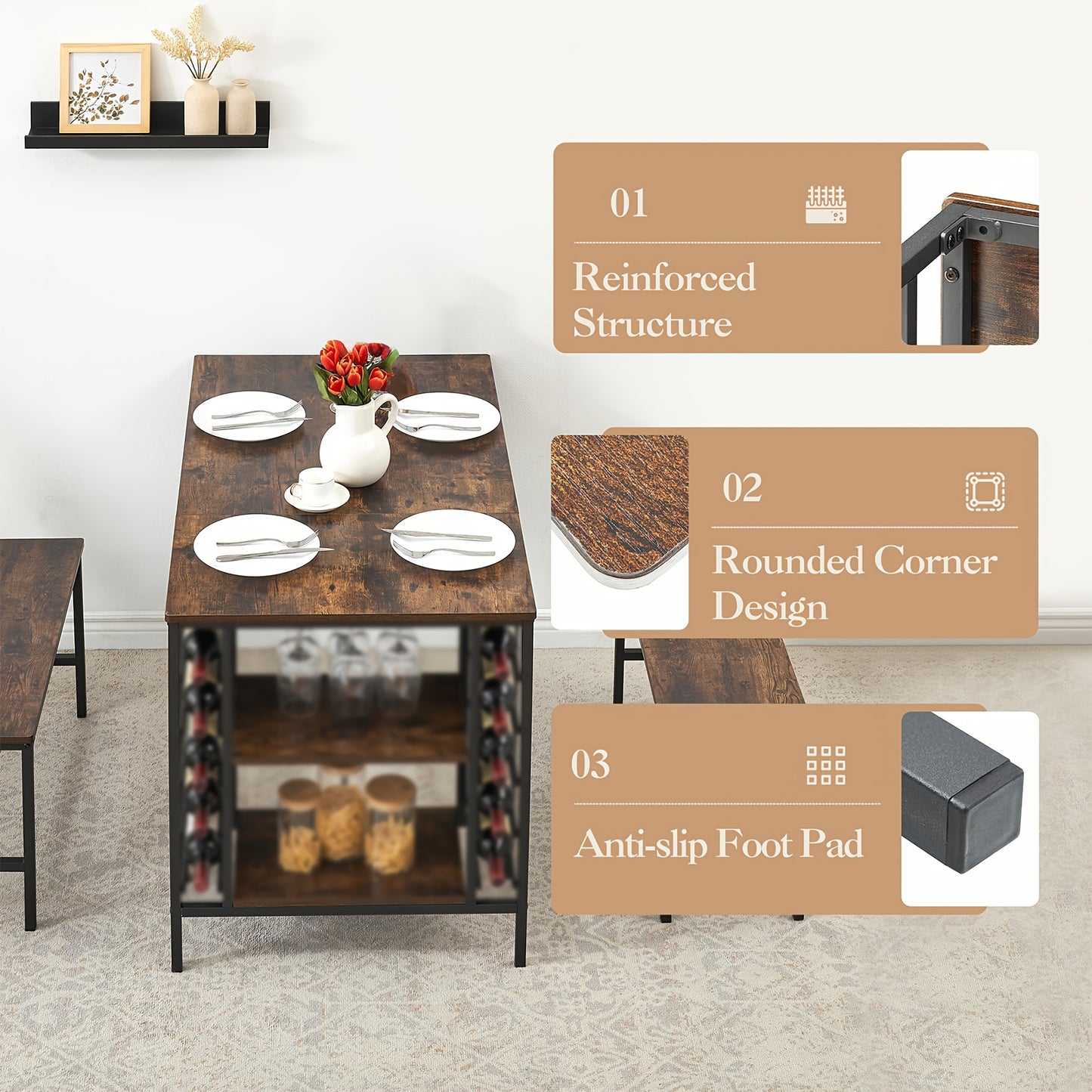 Eettafelset – Tafel Met Banken – Compacte Eetkamer Set – Keukentafel – Wijnrek – Hardhouten Rustiek Design – Ruimtebesparend Met Opbergruimte – Geschikt Voor 4 Personen