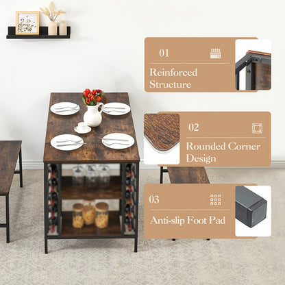 Eettafelset – Tafel Met Banken – Compacte Eetkamer Set – Keukentafel – Wijnrek – Hardhouten Rustiek Design – Ruimtebesparend Met Opbergruimte – Geschikt Voor 4 Personen