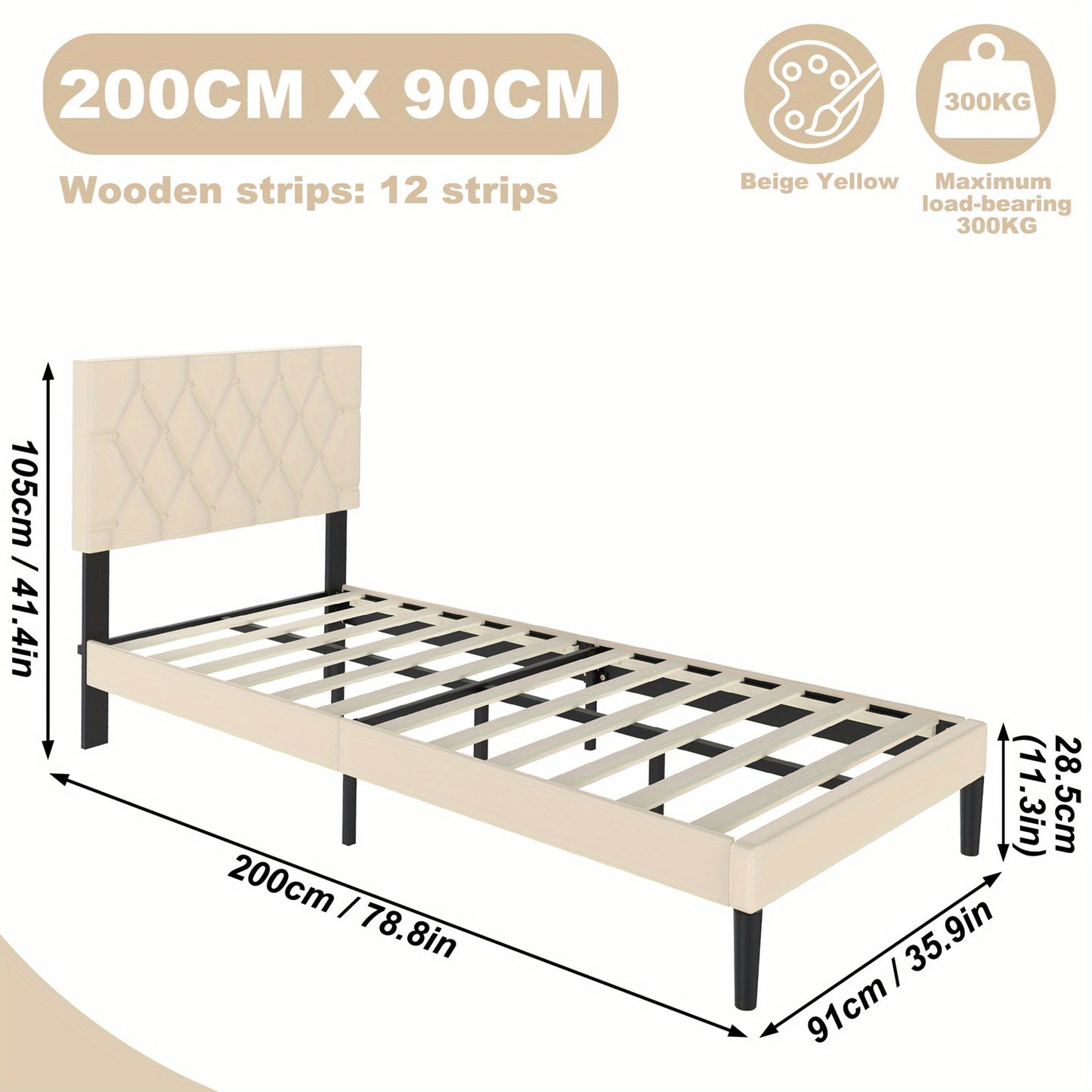 Bedframe – Bed – Tweepersoonsbed – Platformbed – Eenpersoonsbed – Gestoffeerd Kunstleer – Beige – 90x200 cm – Stevig Met MDF en Metaal