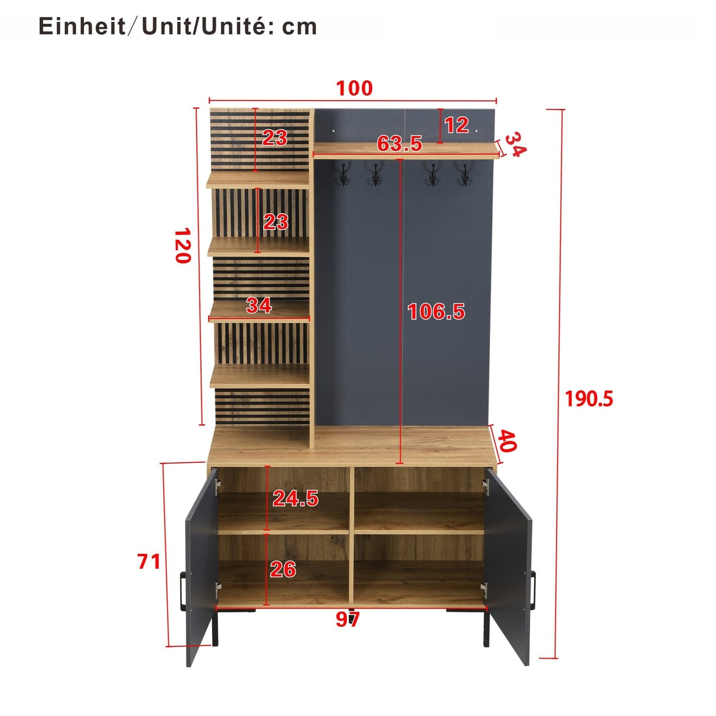 Halmeubelset – Kapstok – Garderobekast – Halmeubel – Entremeubel – Modern Design – Verstelbare Legplank – Metalen Poten – Compact 100×40×190,5 cm – Houtlook Grijs
