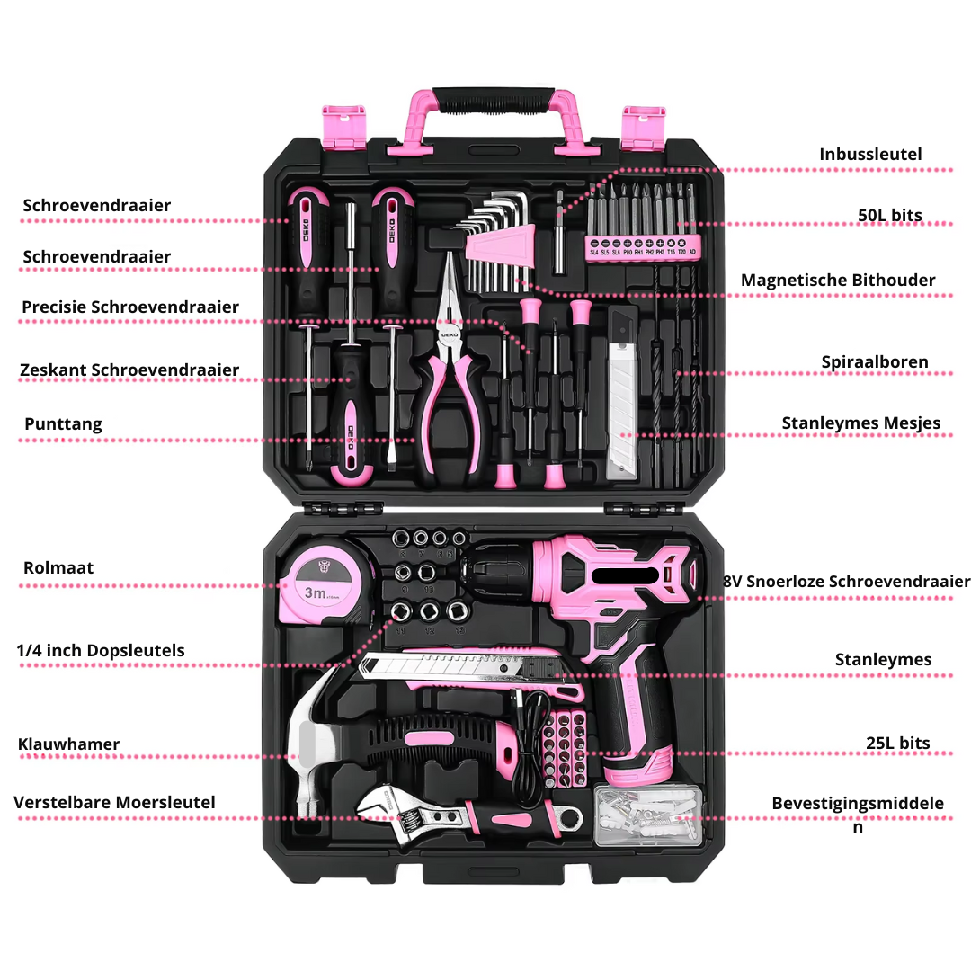 Gereedschapskoffer - 126Pcs - Gevuld - Gereedschap - Gereedschapset - Schroevendraaierset - Meetlint - Rolmaat - Hamer - Bitset - Inbussleutelset - Zaag - Stanleymes - Roze - QUORE