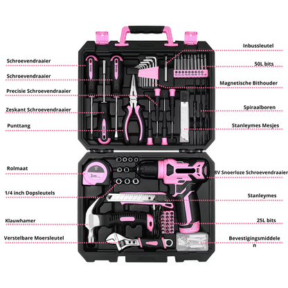 Gereedschapskoffer - 126Pcs - Gevuld - Gereedschap - Gereedschapset - Schroevendraaierset - Meetlint - Rolmaat - Hamer - Bitset - Inbussleutelset - Zaag - Stanleymes - Roze - QUORE