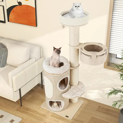 Kattenkrabpaal – Krabpaal – Krabmeubel – Kattenhuis – Klimpaal – 2-laags met Sisal Bekleding – Inclusief Hangmat en Speelballen