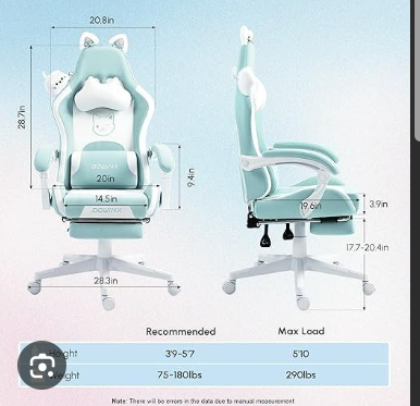 Gamingstoel Kat Oor – Bureaustoel Gaming – Stoel Computer – Gaming Chair Ergonomisch – Met Voetensteun & Hoofdsteun – Zware Last 136 KG – Roze/Zwart