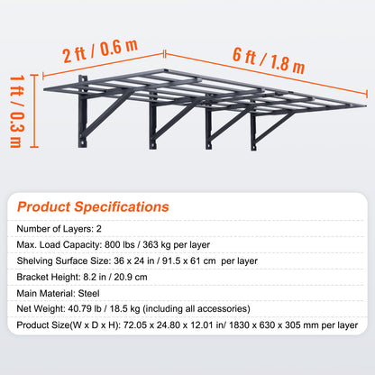 Metalen Wandplanken – Garageplanken – Wandrekken – Opslagplanken – Werkplaatsplanken – Zwart – Hoge Draagkracht 726 kg – 183 x 61 cm Groot