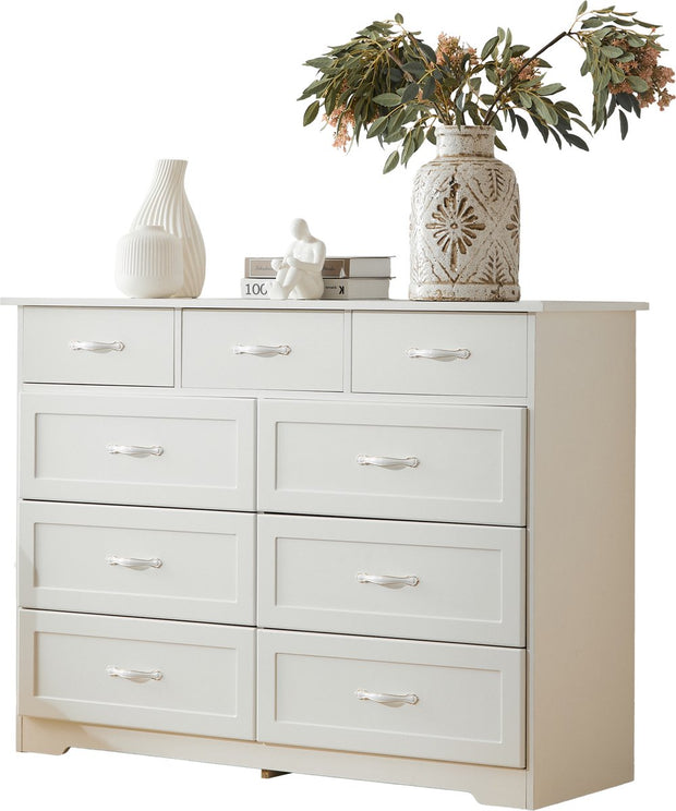 Witte Ladekast met 9 Lades – Grote Opbergkast 120x40x88 cm – Gelakt Halmeubel met Golvend Design en Slagvaste Hoeken – Voor Woonkamer, Badkamer of Slaapkamer