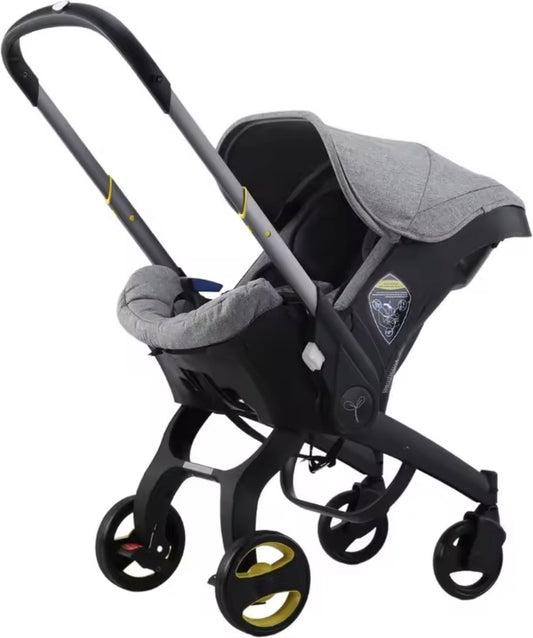 Stroller - Pushchair - Bed - Buggy - Car seat - Foldable to car seat - Stainless steel frame - Gray - Black